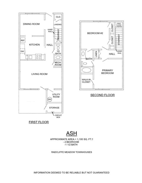 Floor plan for 2 beds, 1.5 baths, 1100 sqft